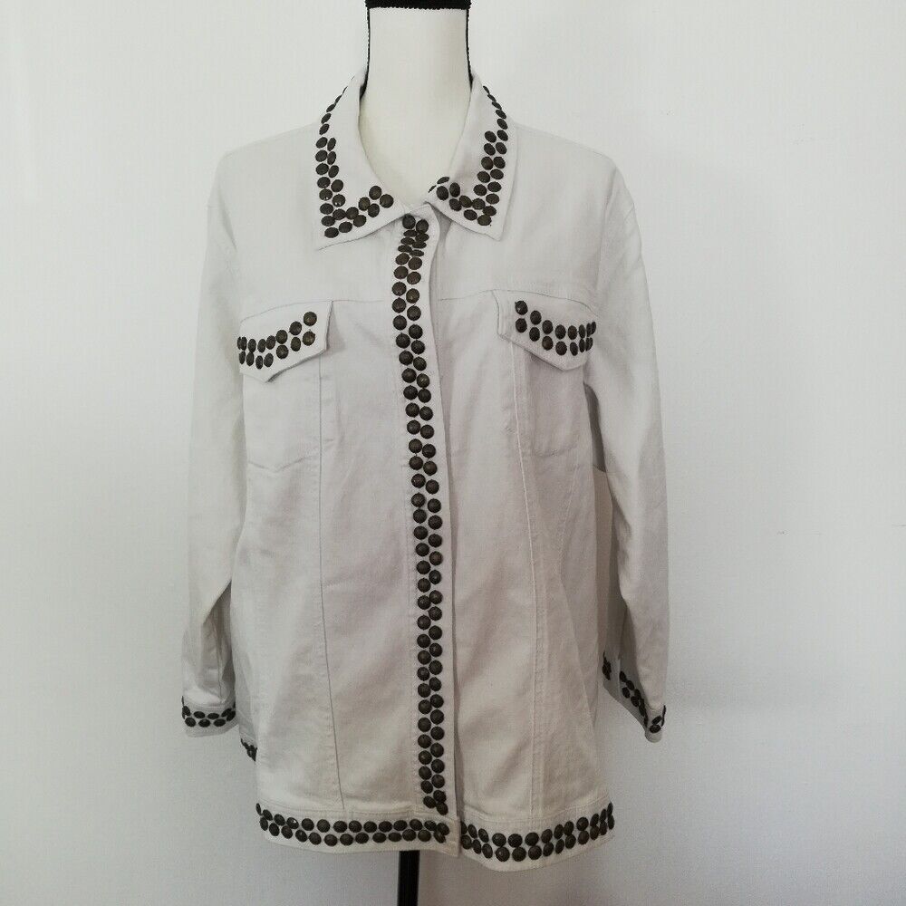 DG2 Diane Gilman Heavily Embellished Studded White Denim Snap Down Jacket 2X